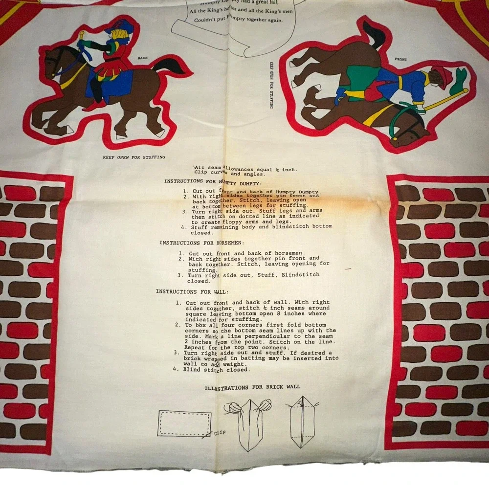 Vtg Humpty Dumpty Cut Sew Fabric Panel Nursery Rhyme Pillows Decor Springs Indus